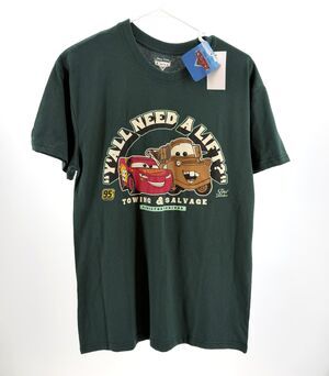 NWT Disney Pixar Cars Men's M Lightning McQueen Tow Mater Graphic Tee Green